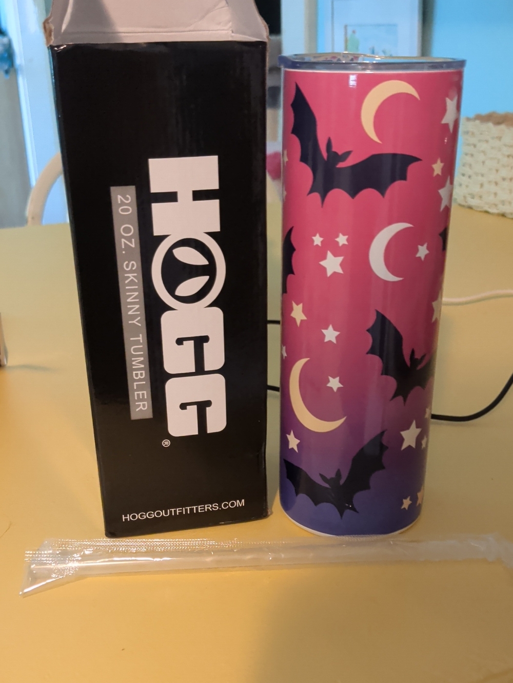 Halloween Hogg 20 oz Skinny Tumbler - Pink and Purple Bat & Moon Design
